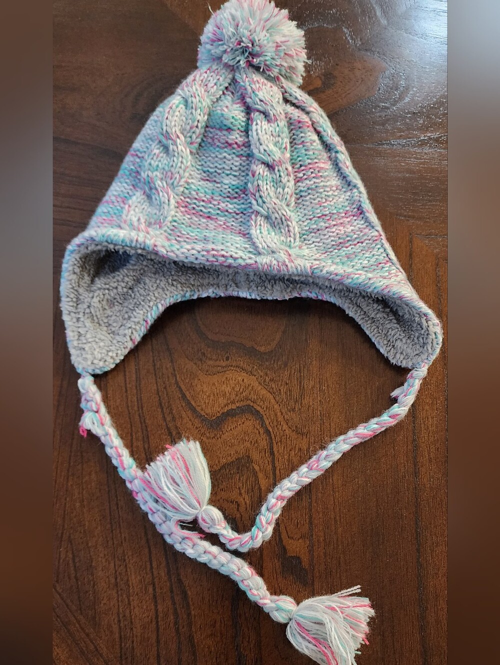 Women's Knit Earflap Hat in Pastel Pink & Blue